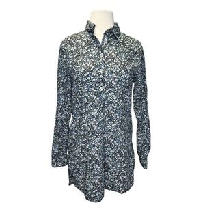 Linen Lawn LIBERTY Fabric Tunic Shirt Size EU 10 US M Floral Collared Blue Black
